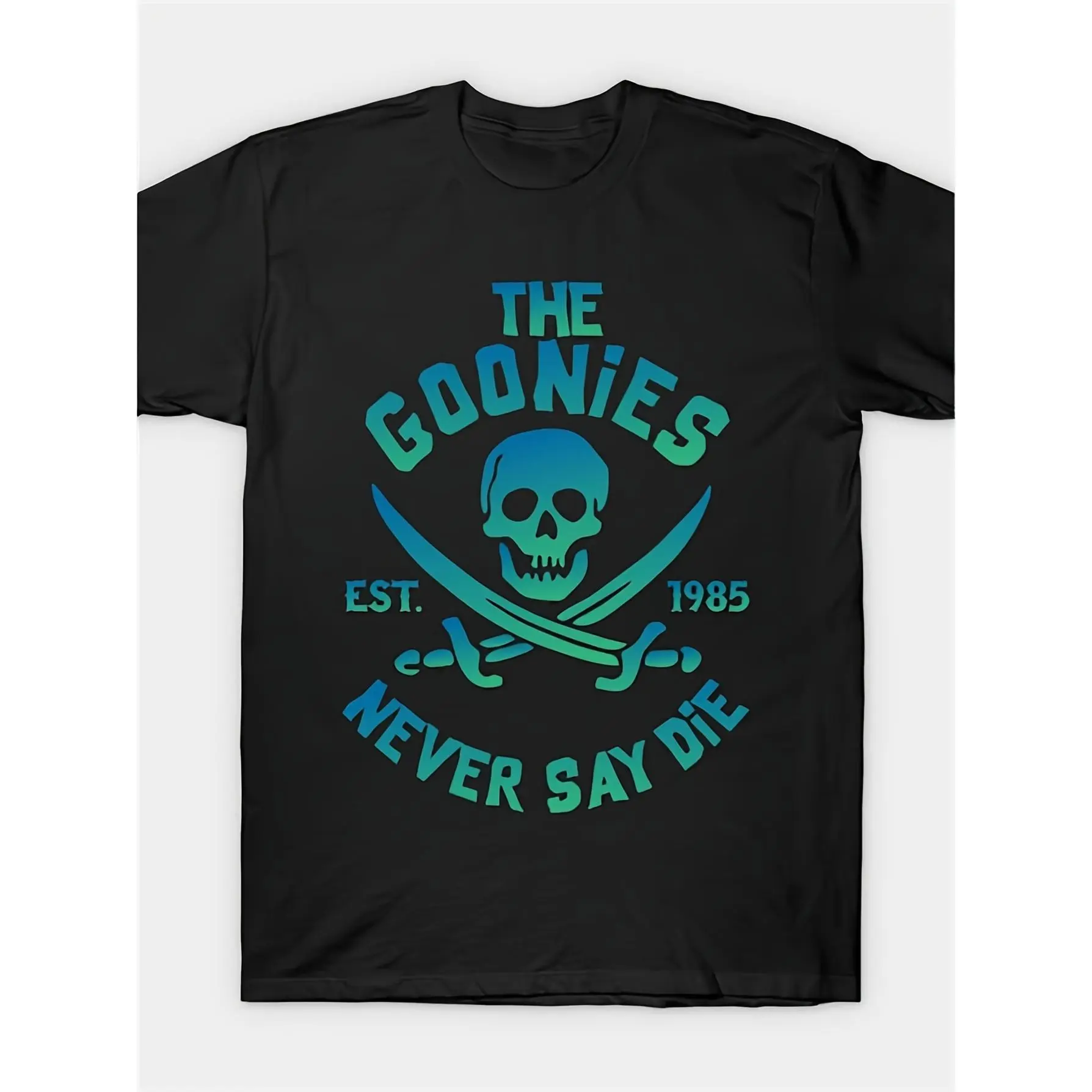 Men's The Goonies Never Say Die Neon Graphic Menswear Top - 220g Heavyweight Pure Cotton Shortleeve Tshirt, Black with Teal Accents Cross Swords & Skeleton Skull Graphic, Regular Fit Fan Merchandise for Casual Wear