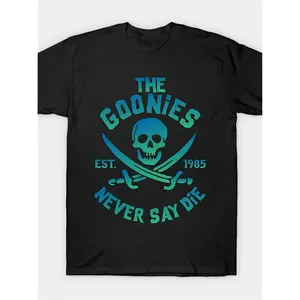 Men's The Goonies Never Say Die Neon Graphic T-Shirt - 220g Heavyweight Pure Cotton, Black with Teal Crossed Swords & Skull Print, Regular Fit Short Sleeve for Casual Wear, Birthday Parties, Gifts, Gift for Fans | Fan Merchandise | Pure Cotton Tee