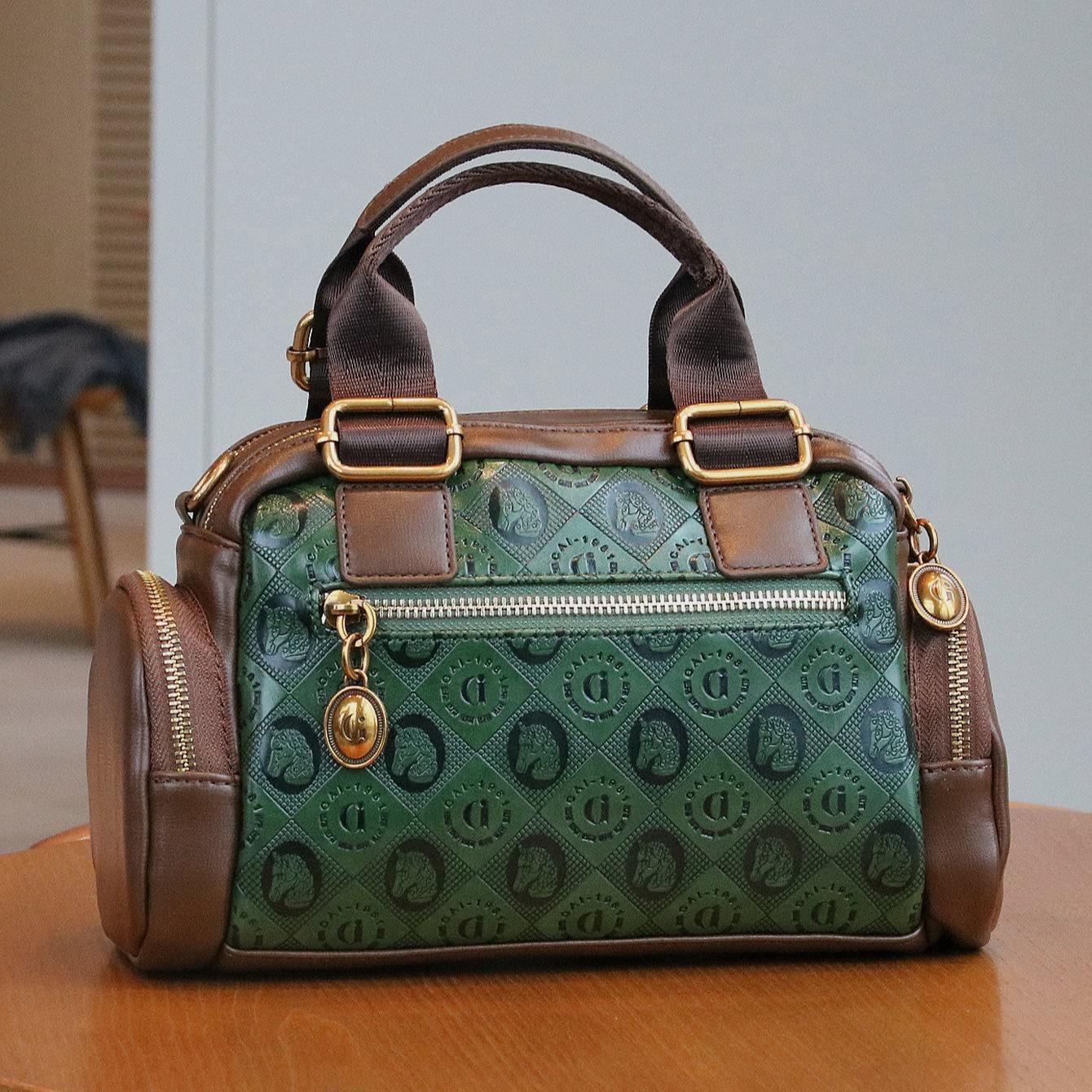 Vintage Embossed Faux Leather Boston city real Bag Equestrian Style Satchel Purse luxury designer