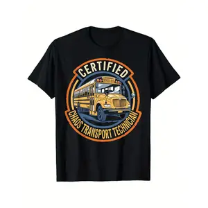 Certified Chaos Transport Technician School Bus Driver T-Shirt - 100% Cotton Unisex Graphic Tee with Orange & Blue Digital Print, Regular Fit Casual Outdoor Shirt for Men & Women (S-XXXL), Bus Driver Gifts