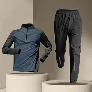 Half-Zip Training Suit Men Quick-Dry Long Sleeve Long Pants Set Sports Track and Field T-Shirt Running Fitness Set(Raincoats)