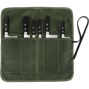 Heavy Duty Waxed Canvas Chef Knife Roll Bag with 6 Slots, Knife Pouch Holder for Home Kitchen Grill (green)
