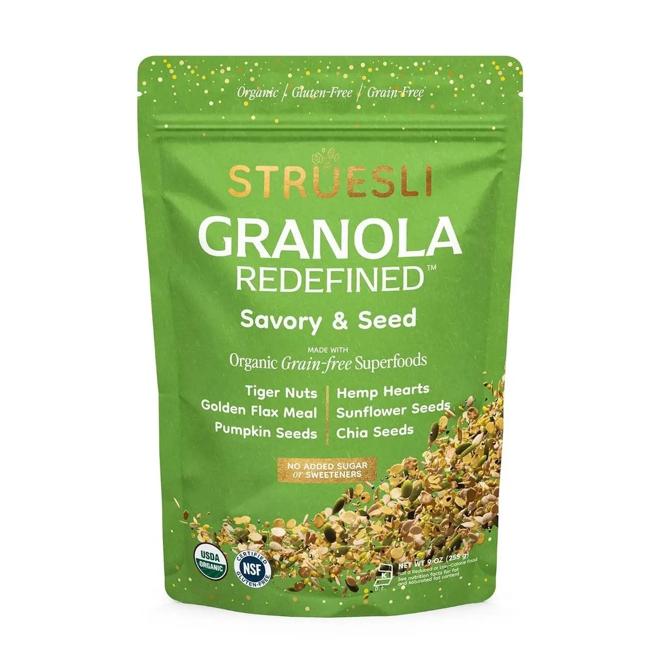 Struesli Savory & Seed Organic Granola, Nut, Grain & Gluten Free, Healthy Snacks with Pumpkin, Sunflower & Chia Seeds, Hemp Hearts, Flax, Tiger Nuts & Sea Salt, Plant Based, Keto & Paleo, 9 Oz
