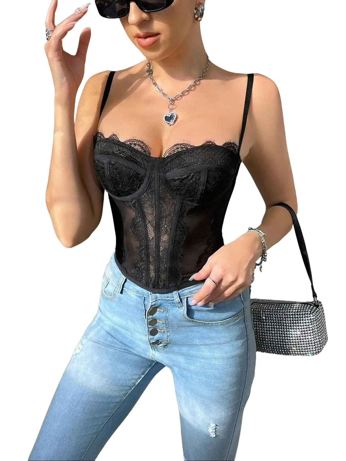 Women's Boned Lacy 1-Piece Corset Shapewear Romper - Spaghetti Strap/Strapless Backless Bustier, Slimming Summer Underwear, Ornate Lace Mesh Bodice, Sexy Black Tank Top