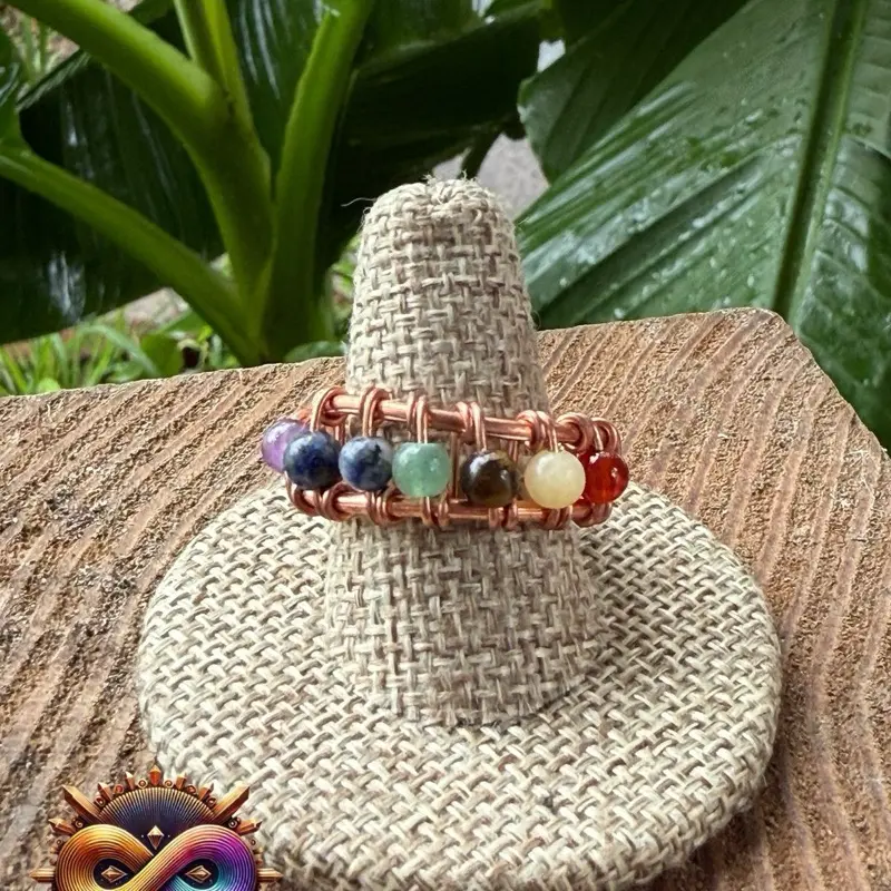 Juma CopperKing Chakra Ring - Adjustable Wire-Wrapped Copper Band with 7 Gemstone Beads for Daily Wear & Spiritual Well-Being