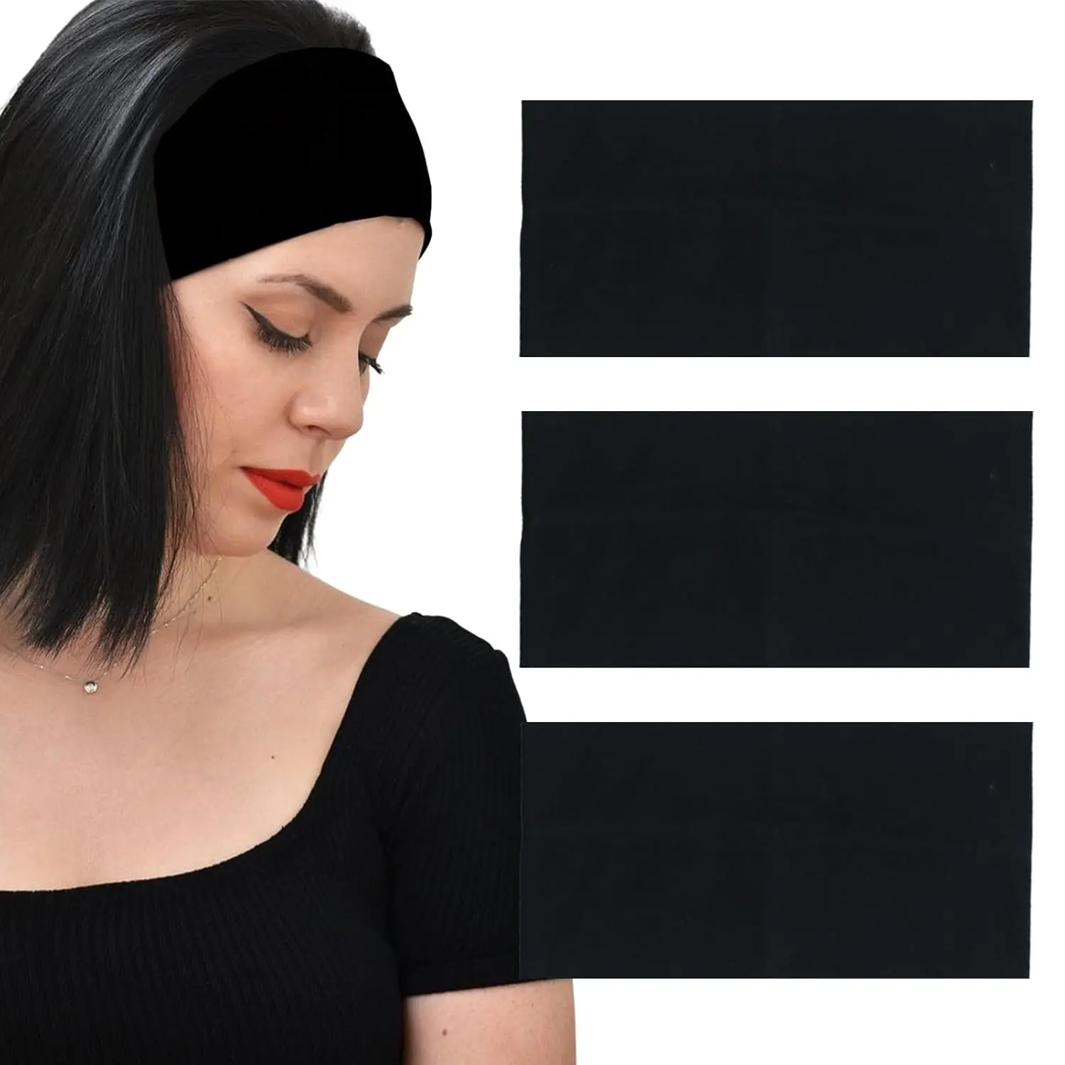 Headbands for Women 3 count Black Wide Cotton Non-slip Stretchy Elastic  Wrap Holder Hair Accessories