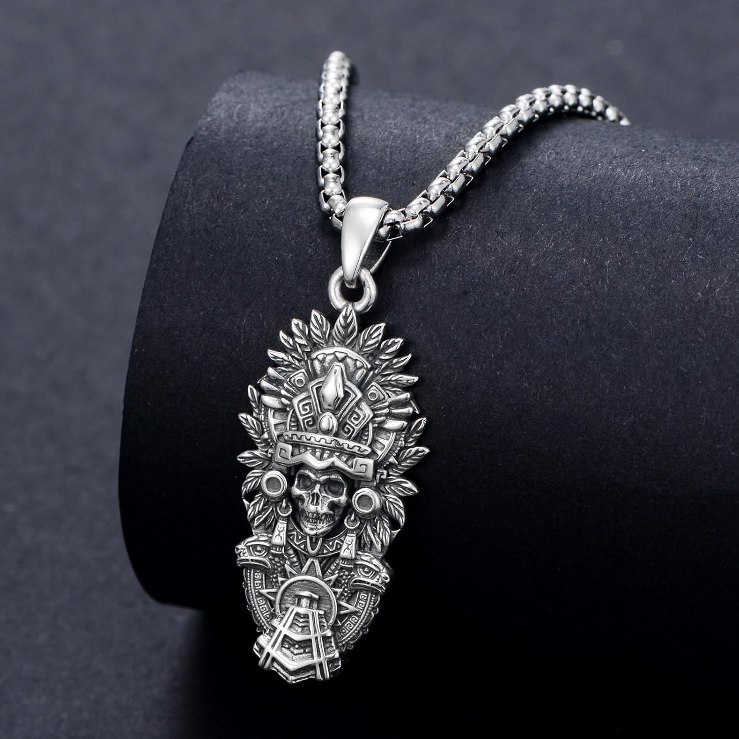 MEIDERBO Aztec Jewelry 925 Sterling Silver Skull Necklace Mictlantecuhtli Tezcatlipoca Mexico Necklace Jaguar Warrior Mayan Mexican Jewelry Aztec Gifts for Men Women Unisex