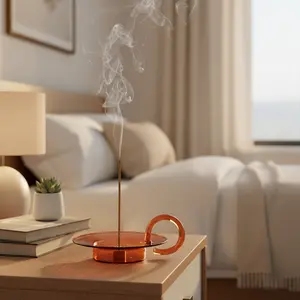 Glass Incense Burner Holder with Brass Nine-Hole Design, Includes Glass Ash Catcher, Ideal for Meditation Yoga Spa Use, Home Fragrance Decor