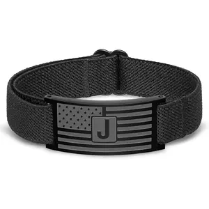 Flag Initial Bracelet for Men Boys, Stainless Steel A-Z Letter Charm Bracelets Adjustable Patriotic  Father Graduation Gifts for  Teen Boy