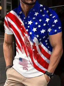 Men's Summer Fashion Casual Short Sleeve Polo Shirt, American Flag Pattern Print Top, Geometric Design, Fitted, All Seasons