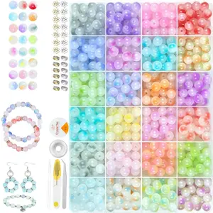 1Set Glass Beads for Jewelry Making, 8mm Colors Glass Crystal Beads Friendship Bracelets Making Kit for DIY Earrings Necklaces Rings