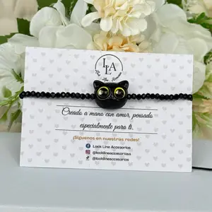 Black Crystal Bracelet with Black Kitten Charm, Handmade with 0.8mm Nylon Thread, Yellow Eyes