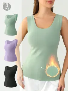 3pcs,Women's solid color lightweight fabric high elasticity thermal undershirt,Autumn and winter warm de down underwear Vest Camisole,Simple infinity double sided brushed vest tank tops basic t-shirts vest top Windproof and warm underwear