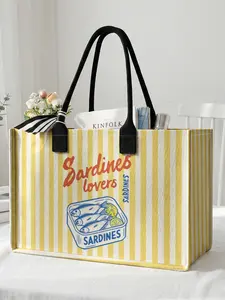 1 piece of sardine pattern + 'Sardine Lover' 2D printed large capacity storage bag, Reusable Bags, Tote Bag, extra large storage bag, sturdy handle, space-saving multi-purpose, suitable for use at school, business trips, shopping