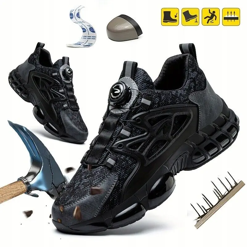 Men's Steel Toe Safety Shoes, Athletic Work Sneakers with Rotating Buckle, Lightweight and Breathable Walking Footwear