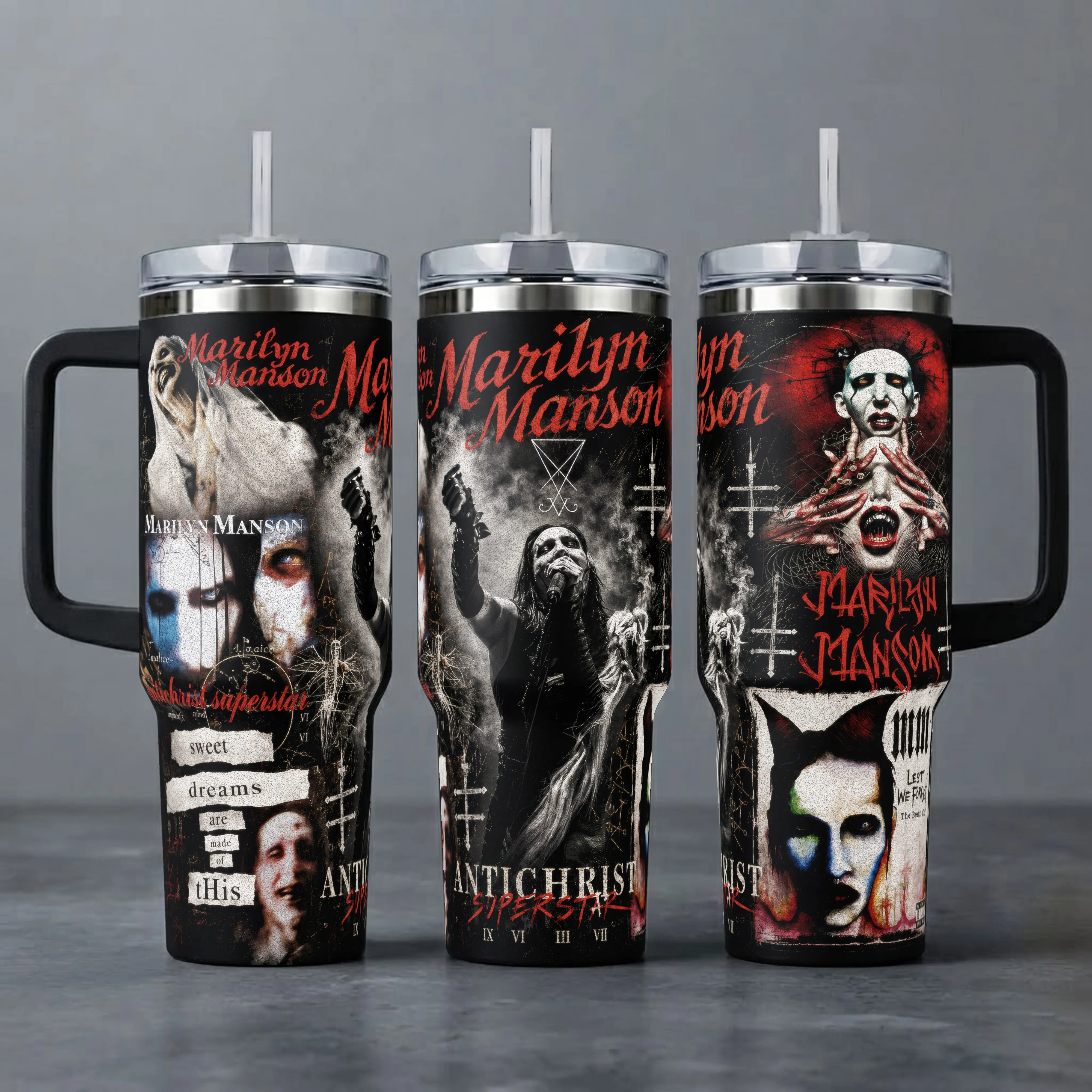 Marilyn Manson Tumbler, 20oz & 40oz Insulated Travel Mug with Handle & Straw. Antichrist Superstar Rock Band Art Cup, Alternative Metal Music Fan Merchandise, Perfect Gift for Music Lovers