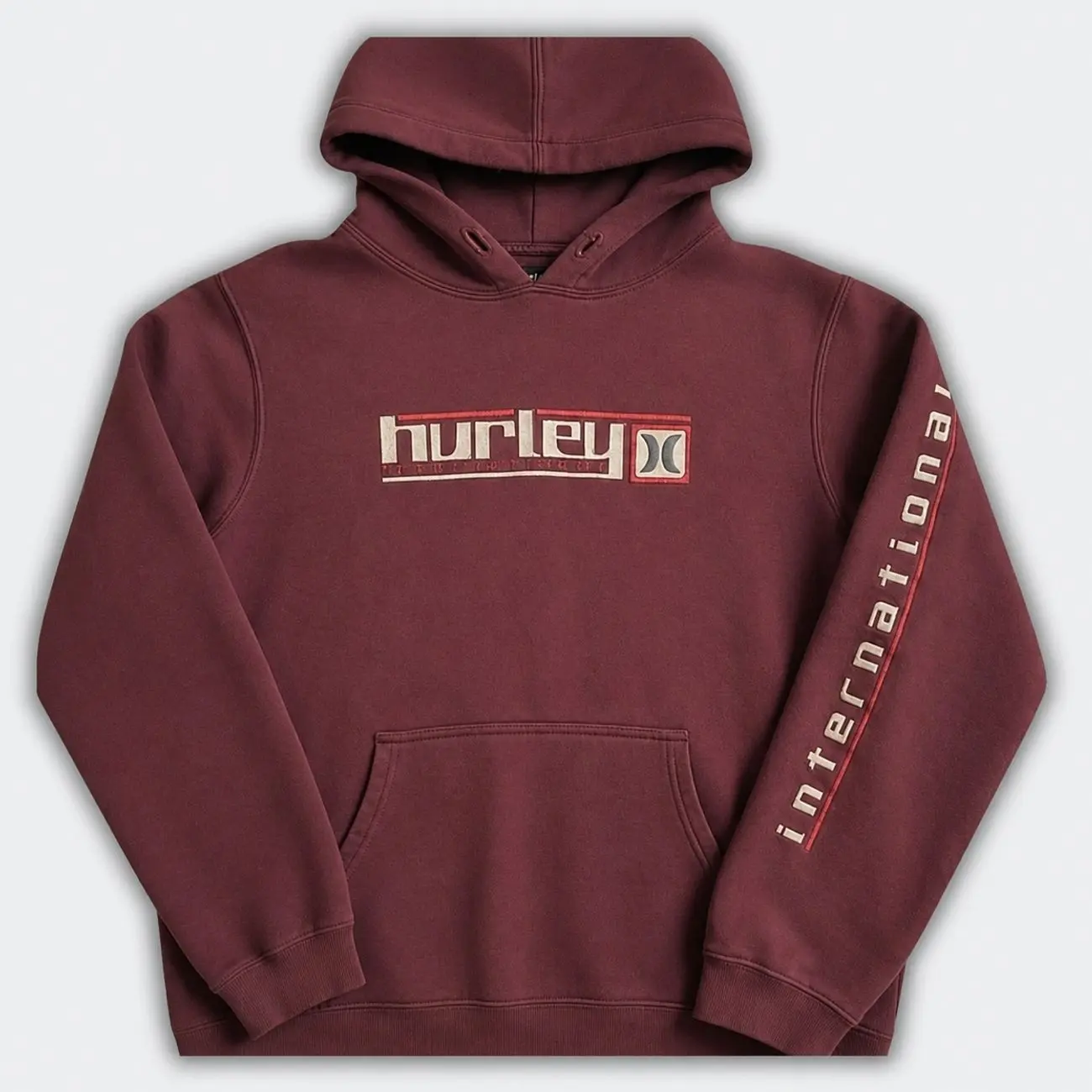 Vintage Hurley International Hoodie, Retro Y2K Surf Skate Graphic Sweatshirt, Streetwear T-Shirt, Maroon Pullover for Men Women