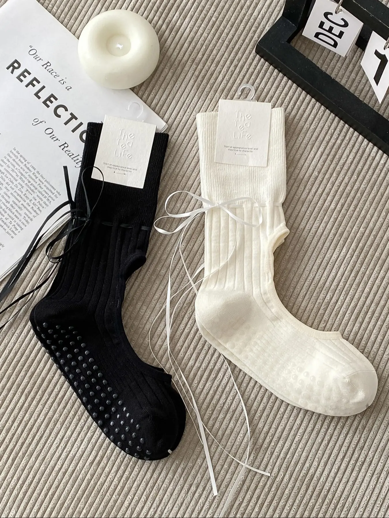 2 pairs Elegant Bow Back Fitted Lady Yoga Spring Fashion Minimalist Silicone Anti-Slip Fitness Pilates Socks for Women's Daily Home Workouts, Pilates Socks, Grip Socks, Non Slip Socks