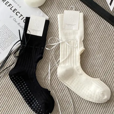 2 pairs Elegant Bow Back Fitted Lady Yoga Spring Fashion Minimalist Silicone Anti-Slip Fitness Pilates Socks for Women's Daily Home Workouts, Pilates Socks, Grip Socks, Non Slip Socks