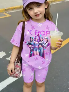 Girls' Star Pattern Set, Short Sleeve T-Shirt + Shorts, Casual Slim-Fitting, All over Print, No Collar, No Zipper, No Button, Summer Clothing Set