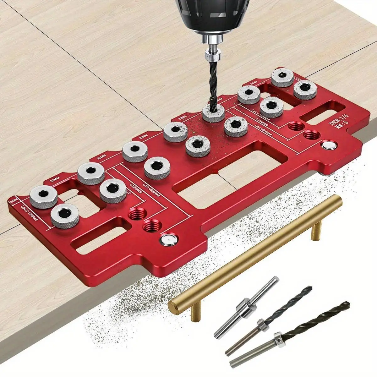 Handle Pitch Punch Hole Locator, Shelf Pin Drilling Guide Jig, Aluminum Alloy Pocket Hole Jig Kit, Tool Kit Set, Straight Hole Drilling Template for Wardrobe Door Cabinet Installation Auxiliary Tool, Compact Design, Precision Drilling, Toolset