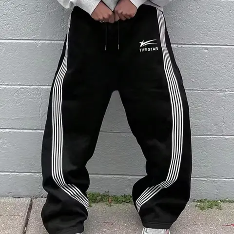 Men's Striped & Letter Print Drawstring Waist, Regular Fit Casual Comfy Sporty Athletic Comfy Pocket Straight Leg Trousers for Daily Wear, Fashion Athleisure Design Style Bottoms Men's Bottoms for All Seasons, Sports Casual Pants