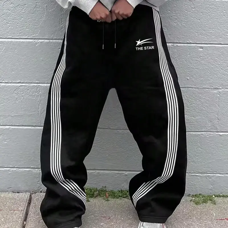 Men's Striped & Letter Print Drawstring Waist, Regular Fit Casual Comfy Sporty Athletic Comfy Pocket Straight Leg Trousers for Daily Wear, Fashion Athleisure Design Style Bottoms Men's Bottoms for All Seasons, Sports Casual Pants