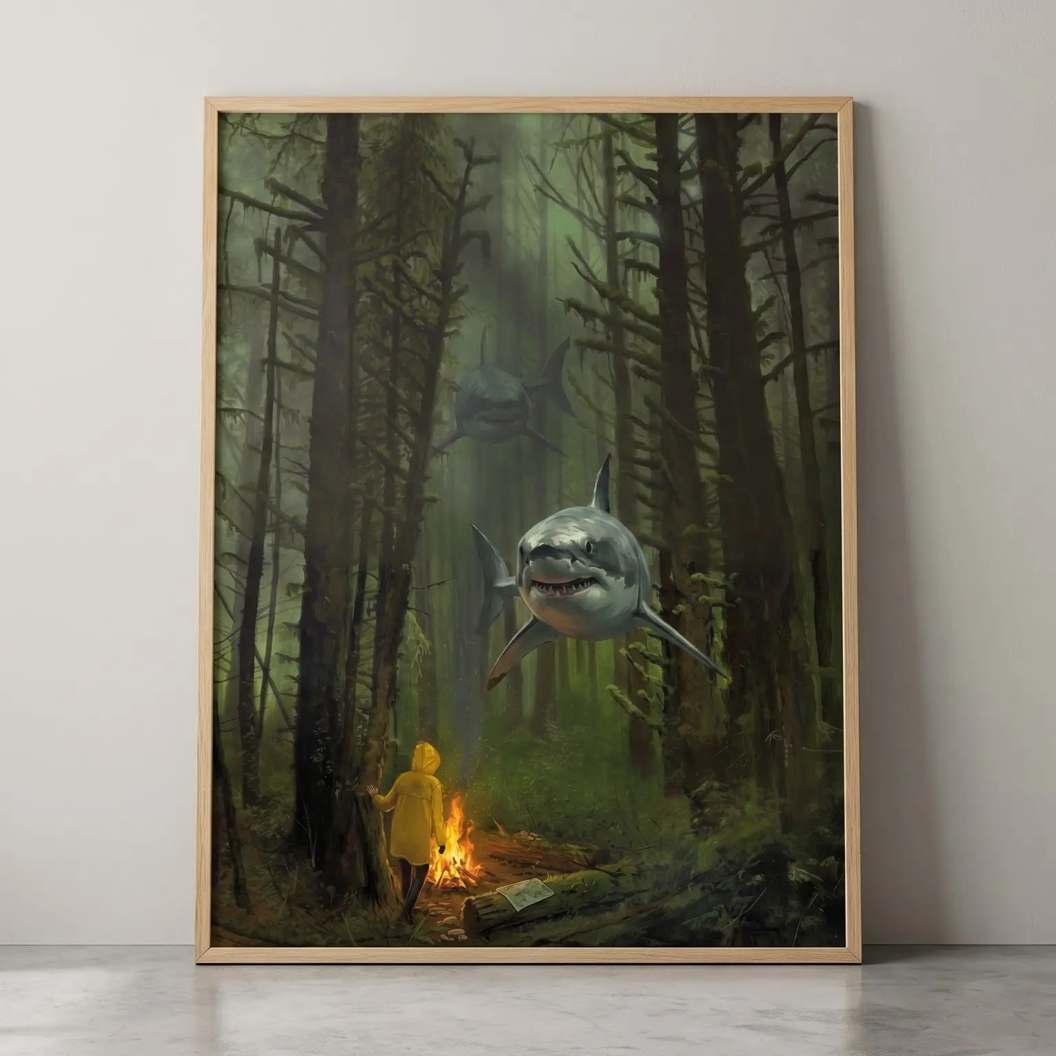 Unframed Surreal Forest Sharks Wall Art Poster, Person in Yellow Raincoat Camping with Flying Sharks Print, Quirky Fantasy Aesthetic Home Decor for Living Room Bedroom