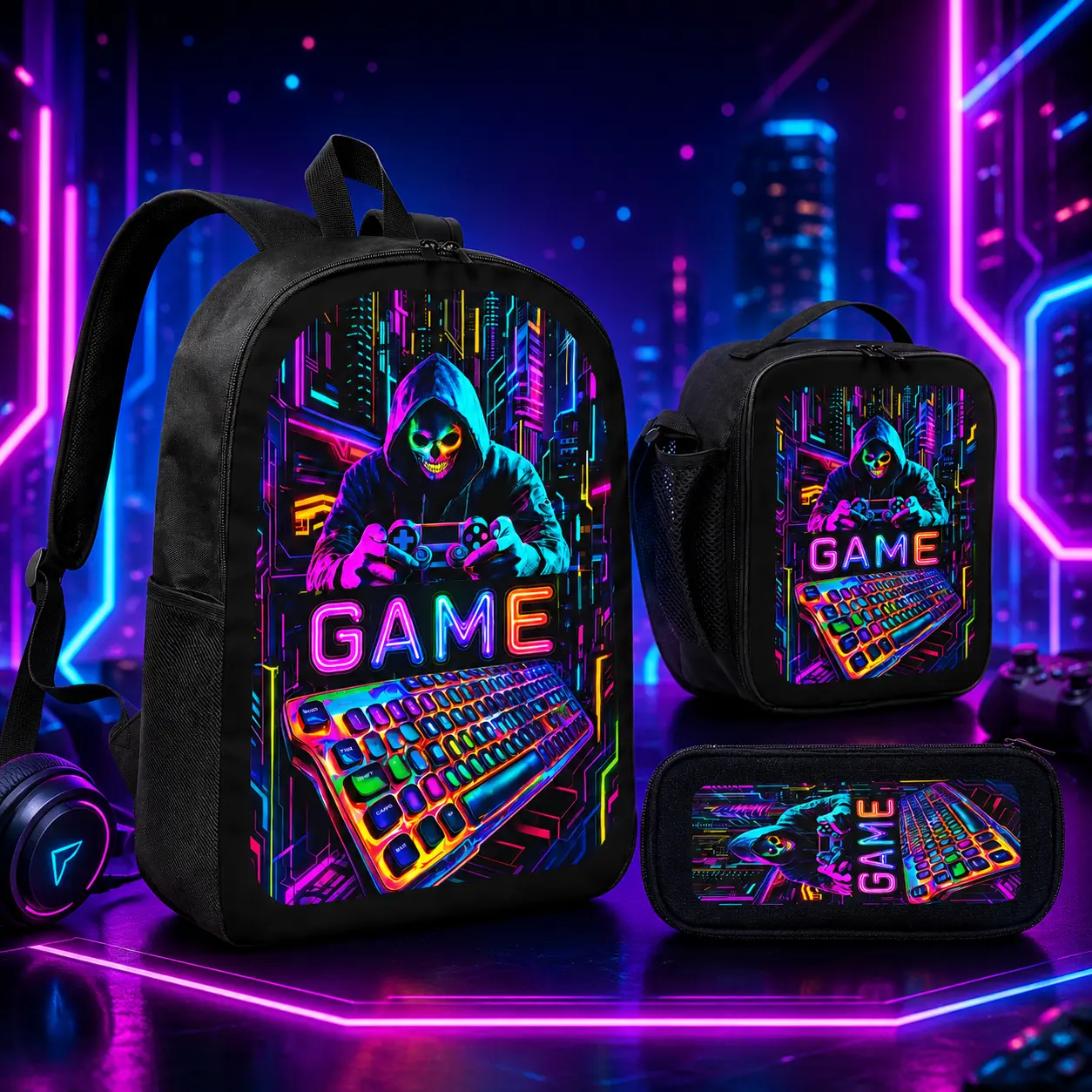 Unisex Neon Cyberstyle 3-in-1 Gaming Backpack Set (3PCS) with Lunch Bag, Pencil Case, Lightweight Polyester, Adjustable Strap, Zipper Closure, Hand Washable for Everyday Use | 3 in 1 backpacks