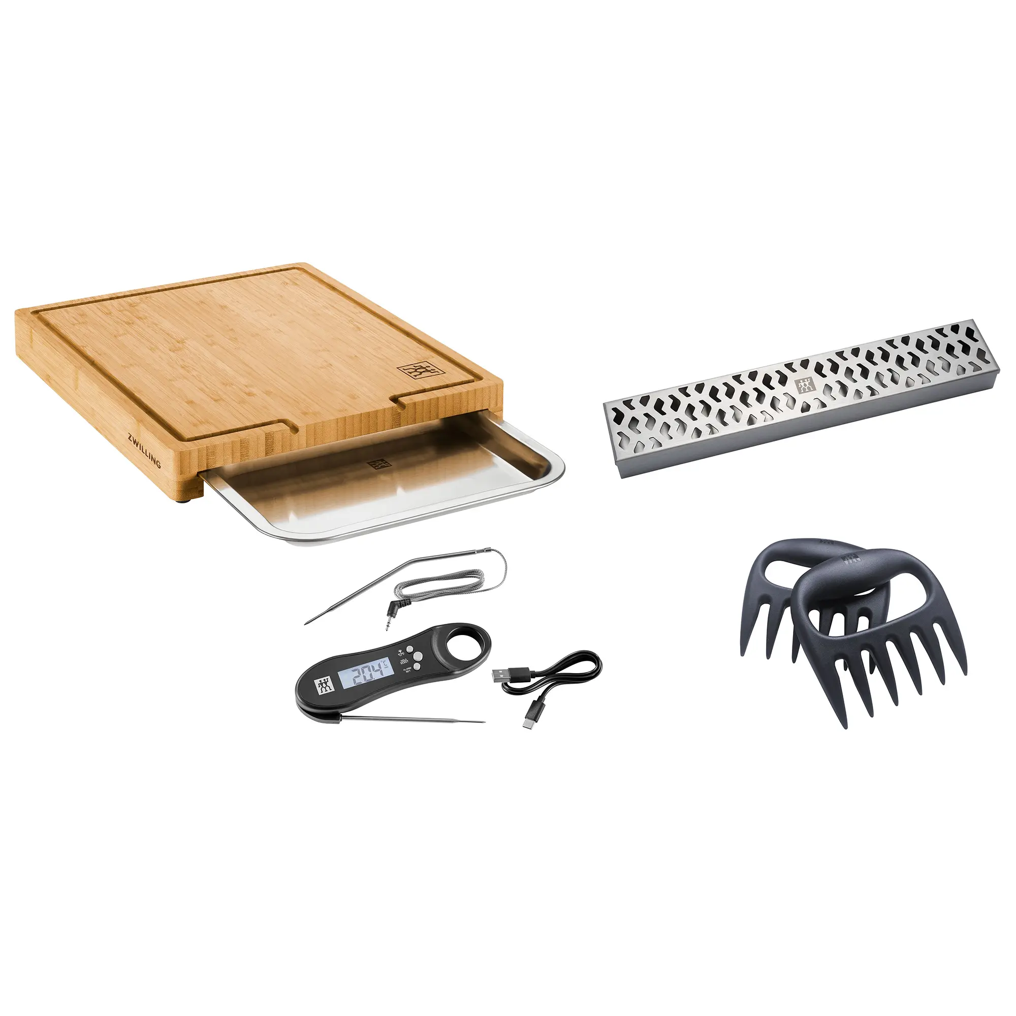 ZWILLING BBQ+ 4-pc Grill Smoker Set, Bamboo Cutting Board (15.5 x 12) with Tray, Smoker Box, Digital Thermometer, Meat Claws