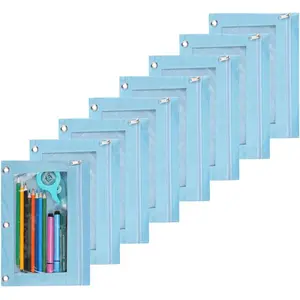 Zippered Pen Pencil Binder Pouch 3 Rings with Clear Window for School Classroom Organizers 8 count (Light Blue)