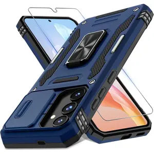 Case for Samsung Galaxy S25 6.2-Inch with Slide Camera Cover+Screen Protector (1 Pack), Rotated Ring Kickstand Military Grade Shockproof Protective Cover-Navy Blue