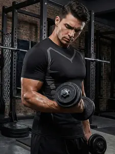 Sporty Men's Graphic Print Round Neck Sports Tee, Sport Quick Drying Short Sleeve Compression T-Shirt for Summer, Sporty Top for Outdoor Sports