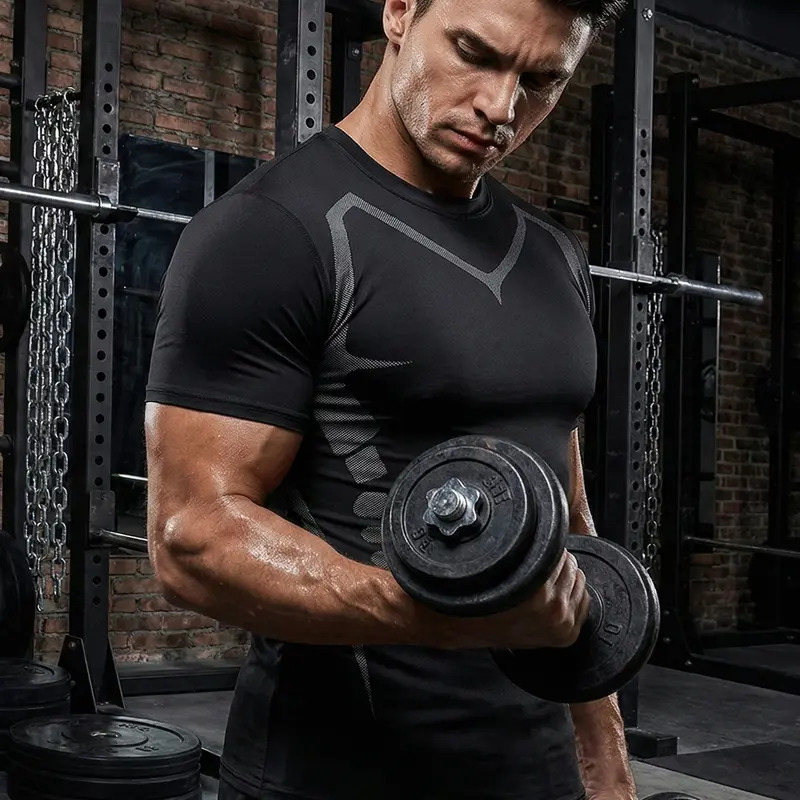 Sporty Men's Graphic Print Round Neck Sports Tee, Sport Quick Drying Short Sleeve Compression T-Shirt for Summer, Sporty Top for Outdoor Sports