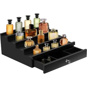 Cologne Organizer for Men, 4 Tier Wooden Cologne Stand with Drawer and Hidden Compartment, Perfume Organizer for Dresser, Cologne Holder Display Shelf, Great Gift for Men