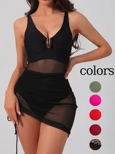 Women's Solid Color Irregular Hem Sheer Mesh Swimsuit, Sexy Fashion Chic One-piece Swimwear for Beach Holiday Vacation, Ladies Swimsuit for All Seasons, Swim Bodysuit