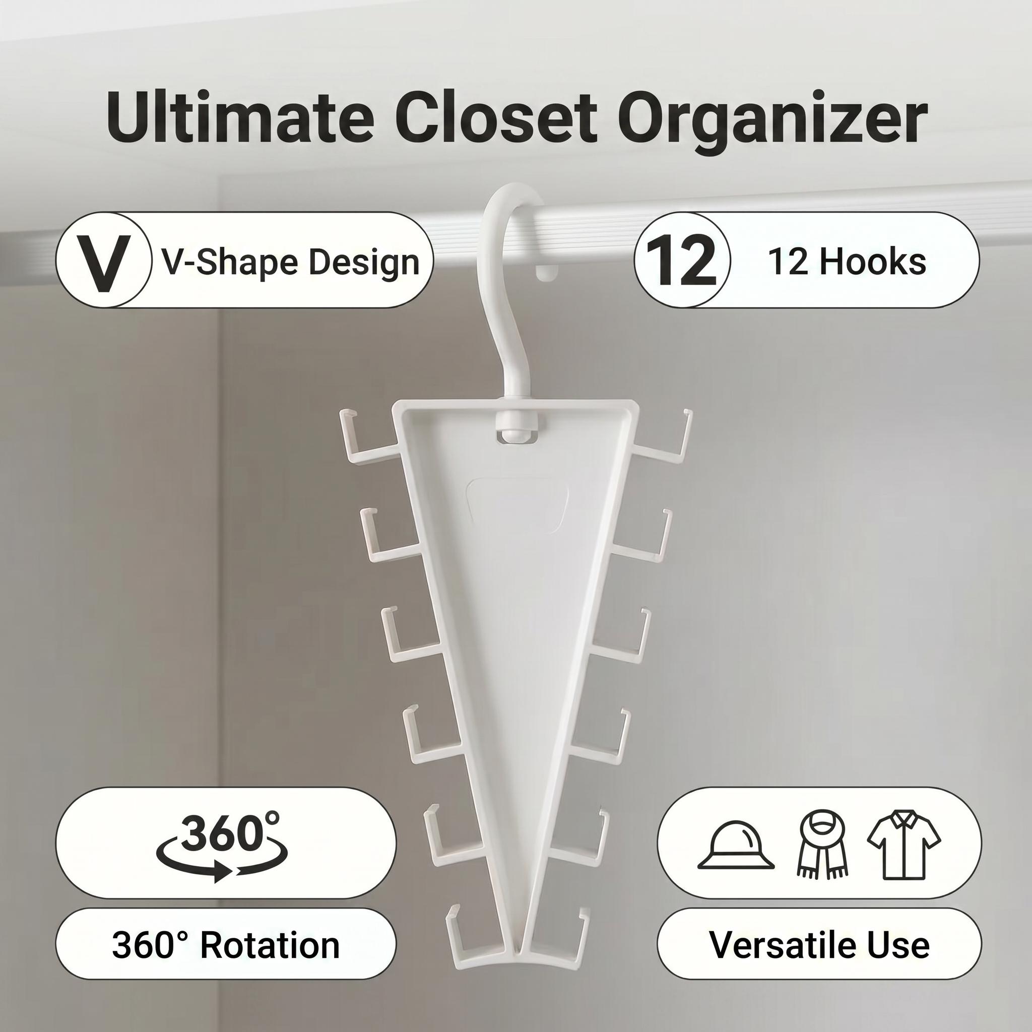 Compact V-Shaped Double-Sided Closet Organizer Hanger, 360-Degree Rotatable Multi-Layer Hanging Storage with 12 Hooks, No Drill No Tools Closet Storage for Renters, Vertical Garment Hanger for Shirts, Coats, Closet Organization
