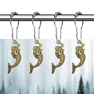 12-Piece Alloy Mermaid Curtain Hooks Set, Decorative Bath Shower Rod Rings, Rust-Resistant Bathroom Accessories, Cute Animal Design
