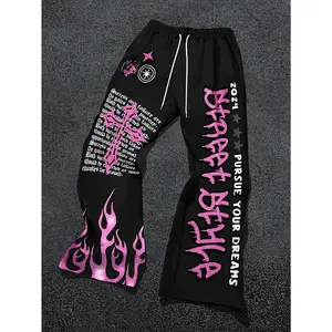 Y2k Graphic Letter Print Flare Sweatpants Drawstring Streetwear Goth Pants with Pockets
