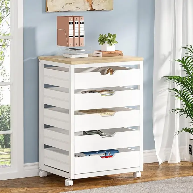 Tribesigns 5-Drawer File Cabinet, Wood Mobile Storage Drawer Unit, Modern Office Cabinet with Drawers & Wheels, Rolling Printer Stand for Home Office (White)