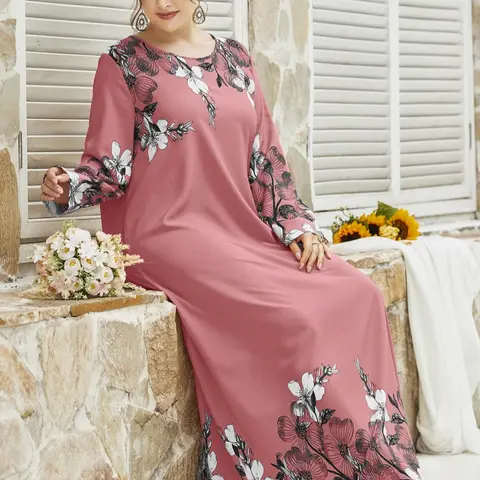Plus Size Floral Print Long Sleeve Round Neck Tunic Dress, Casual Loose Long Dresses for Women Daily Wear, Ladies Clothes Autumn Fashion, Floral Bohemian Dress