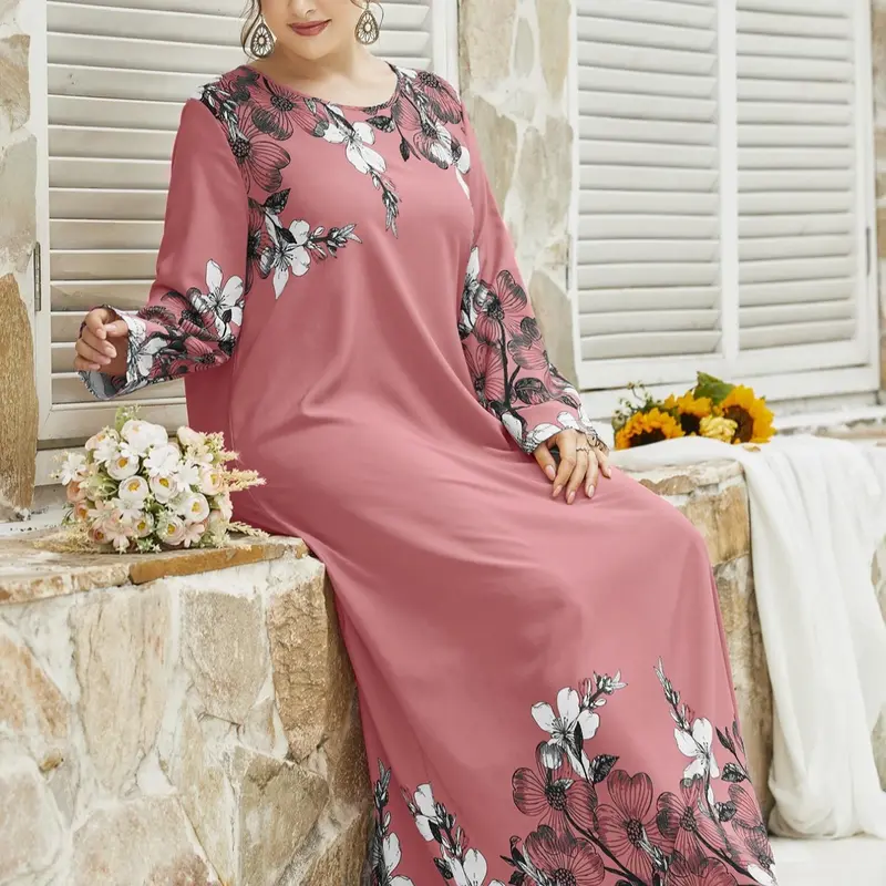 Plus Size Floral Print Long Sleeve Round Neck Tunic Dress, Casual Loose Long Dresses for Women Daily Wear, Ladies Clothes Autumn Fashion, Floral Bohemian Dress