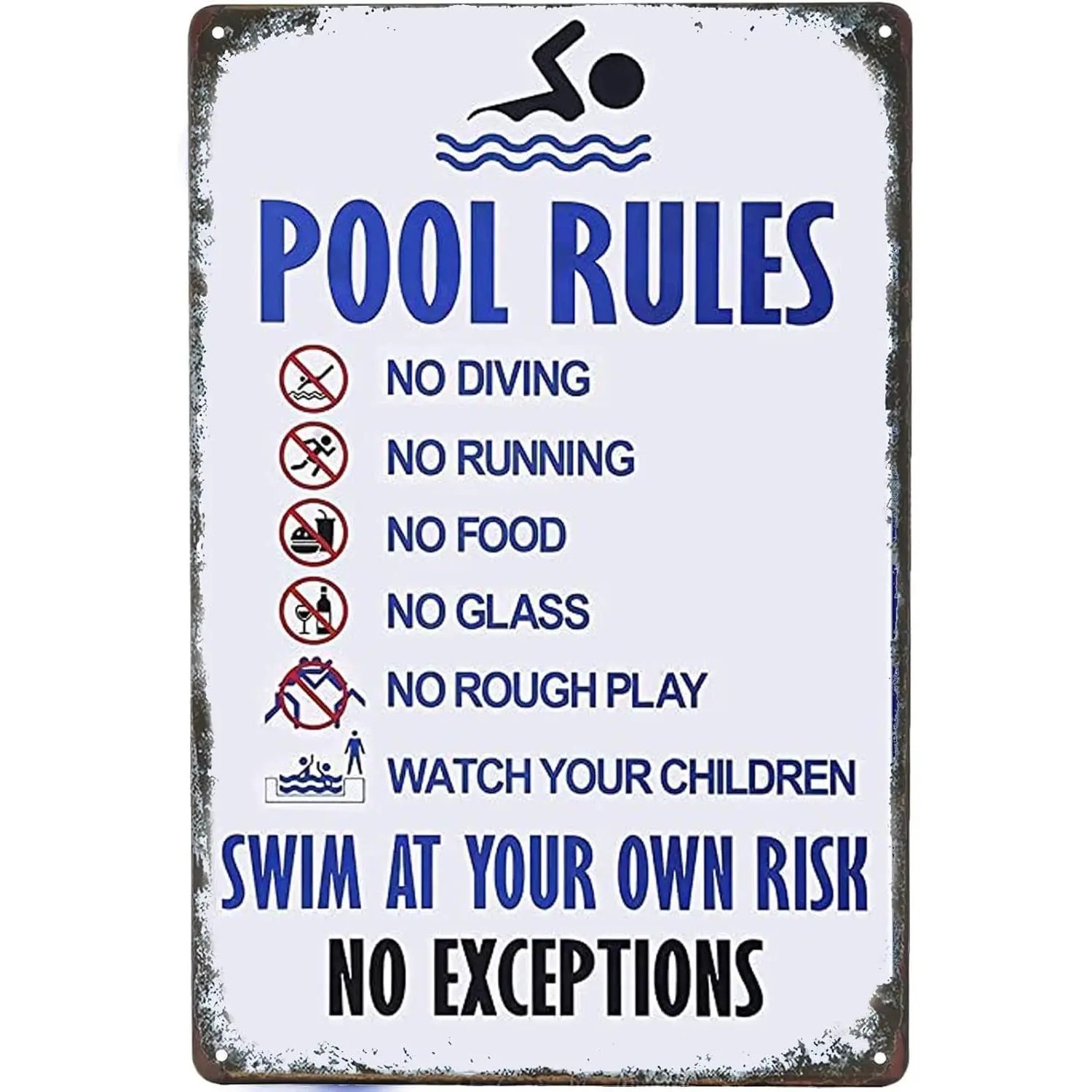 Vintage Wall Decor Swimming Pool Rules tin sign & Their own Risk Swimming Warning Metal Sign, Swimming Pool, Water Park Safety warning decor Metal Plates Funny Art decoration 12x8 Inch