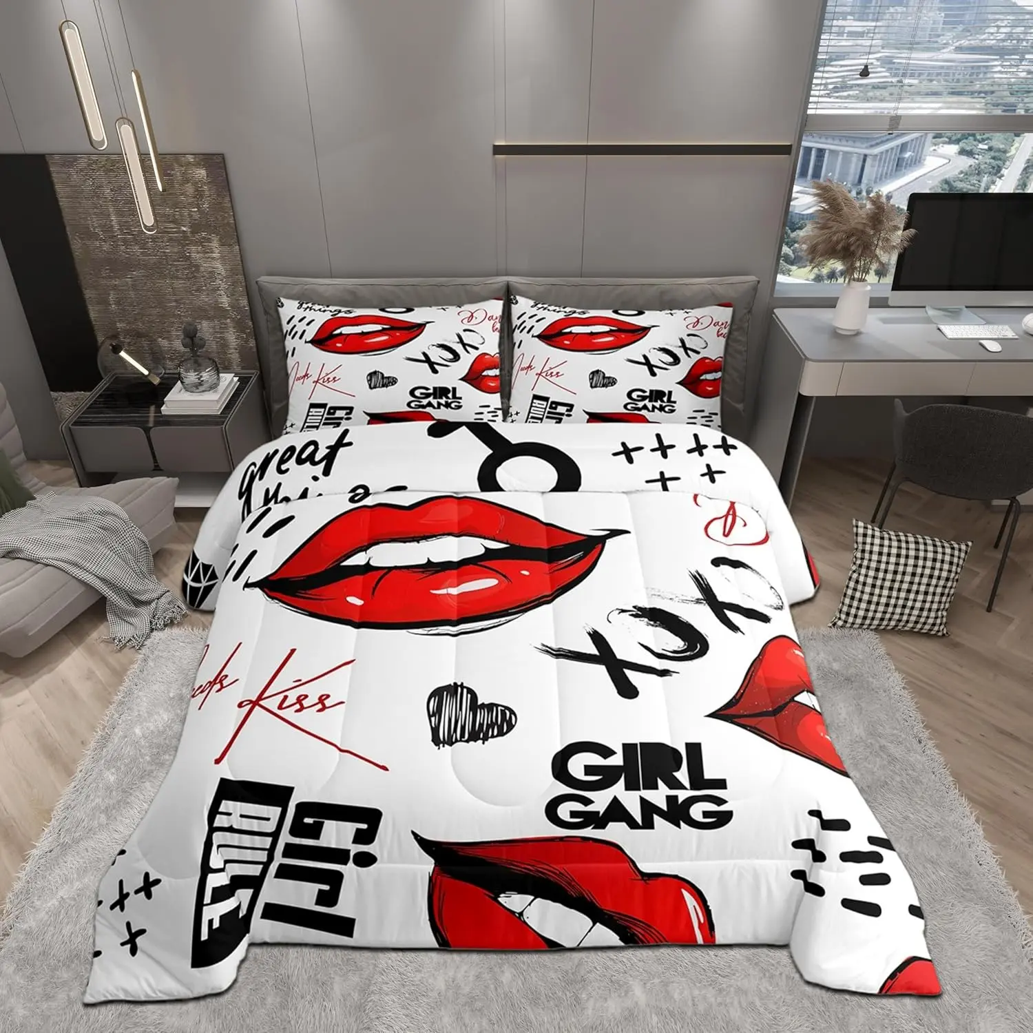 Red Lips Print Comforter Set Kiss Gang Theme Quilt Duvet,Black Heart Shape Decor Bedding Set,Microfiber Polyester for Dorm Bedroom,White