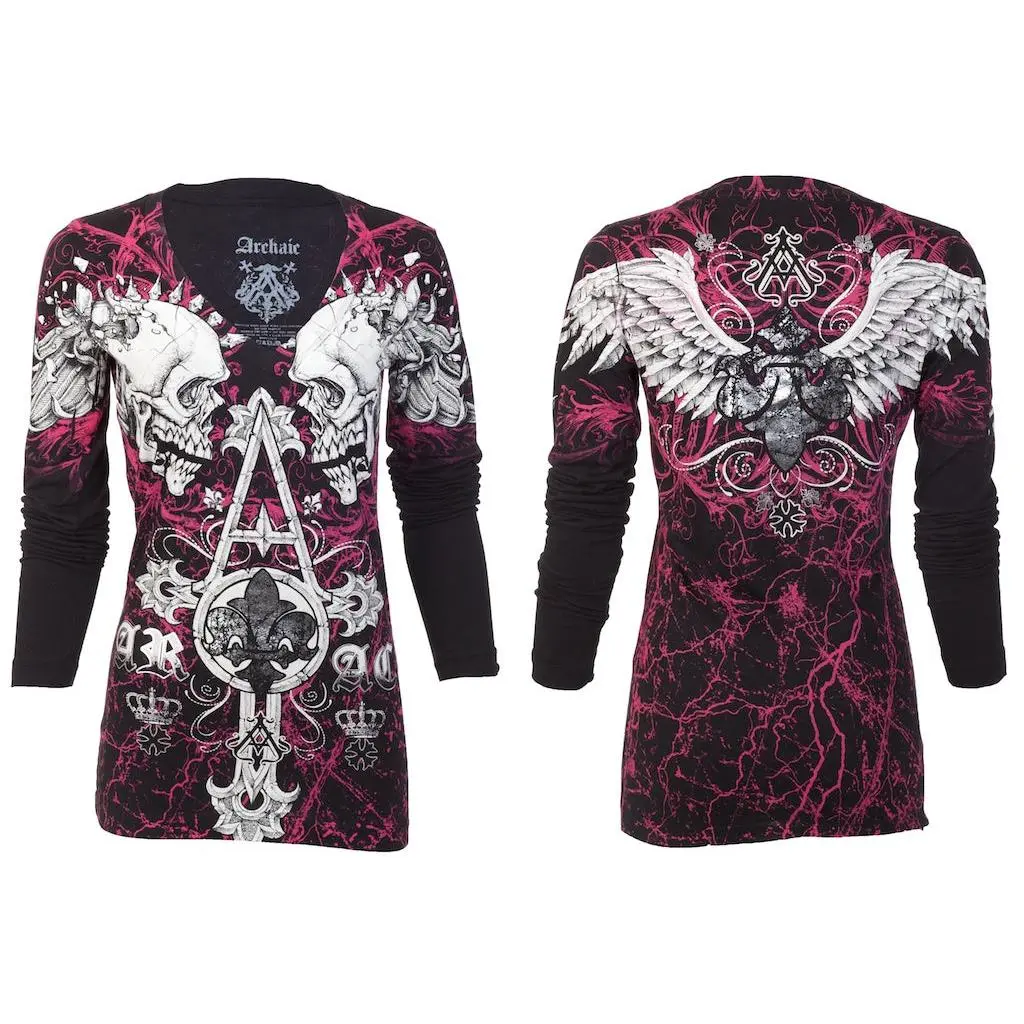ARCHAIC Women's Tall Tale Printed V-Neck T-Shirt, Casual 100% Cotton Biker Streetwear Top, Dark Aesthetic