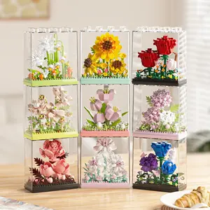 300pcs DIY Building Block Bricks Flower Set with Display Box, Miniature Bouquet Gift for Girlfriend, Sunflower Rose Tulip Hydrangea Puzzle Toy