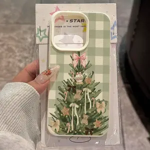 1 piece of TPU material cute fresh pink plaid Christmas tree bow gift box pattern mobile phone case, compatible with iPhone17/16/15/14/13/12/11, Christmas tree and bow pattern, festive style, a Christmas gift for friends, family and yourself.