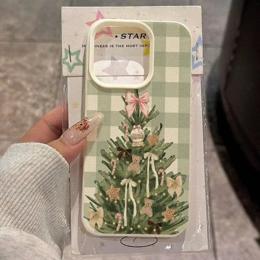 TPU Smartphone Casing - Cute Blush Pink Plaid, Christmas Tree, Bow, Gift Box Festive Prints, Flexible Protective Handheld Devices Accessory, iPhone 13/12/11/14/15/16/17 Protector, Ideal Christmas Gift for Loved Ones