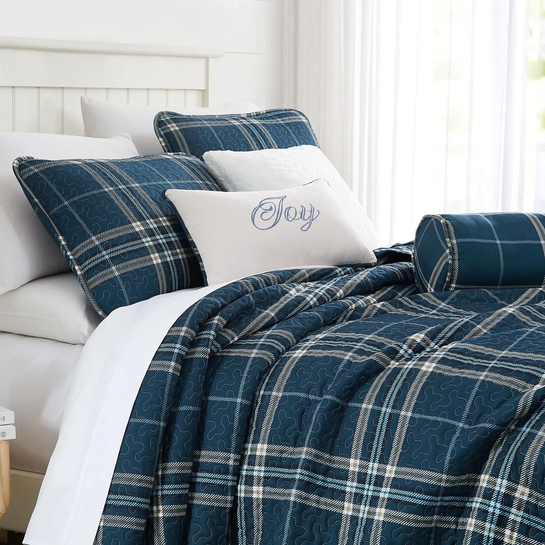 Vilano 6-Piece Classic Checkered Print Quilt Bedding Set, Decorative Duvet Cover Set, Decorative Bedding Set, Plaid
