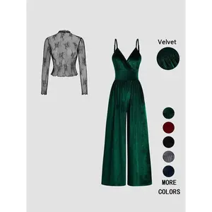 Two-piece set featuring a lace long-sleeve top and a solid-color lace-up jumpsuit, suitable for fashionable women for any occasion—an elegant and comfortable fashion ensemble.